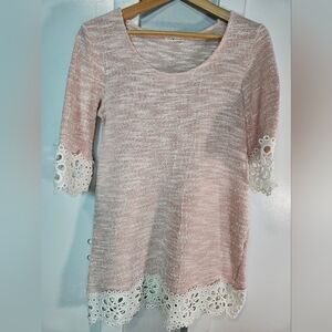 Blush Knit Top with Crochet Lace Trim . Lime & Chili Size M